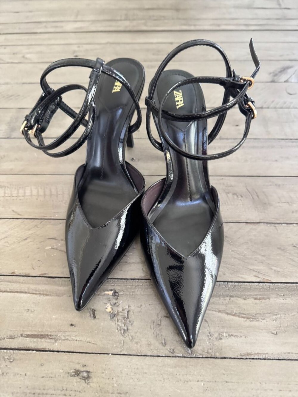 ZARA SLINGBACK ANKLE STRAP HEELS Black Patent Vegan Leather 35 5